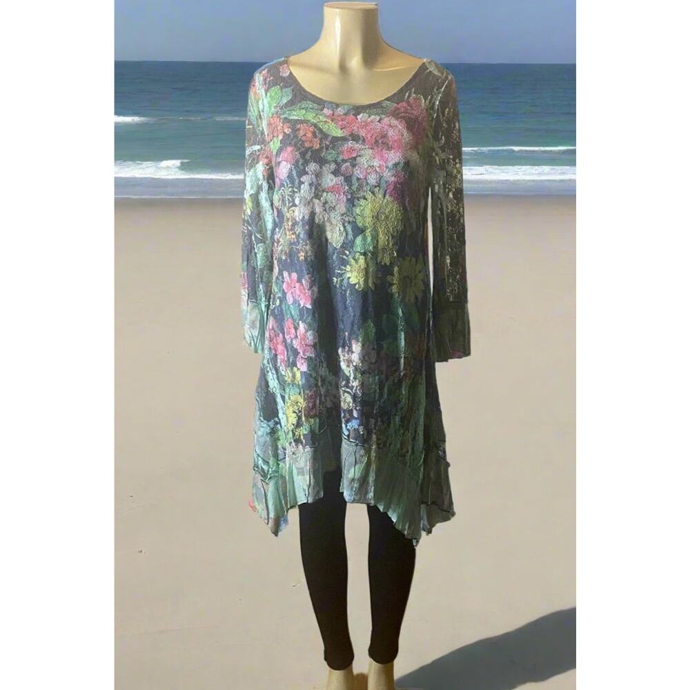 Origami Teal Floral Long Sleeve All Lace Hi-Lo Dress Small - Picture 2 of 5